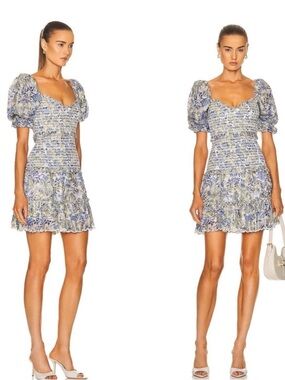 HEMANT & NANDITA Blue and White Puff-Sleeve Smocked Mini Dress